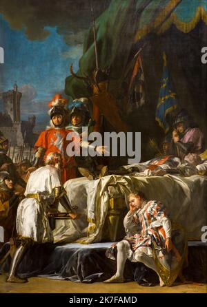 ©Active Museu/MAXPPP - ActiveMuseum 0003364.jpg / la mort de Du Guesclin Huile sur toile 1777 - / Nicolas-Guy Brenet / Peinture Active Museum / le Pictorium Armor ,Armata ,Basilica di St Denis ,Letto ,tavolo da letto ,Bereavement ,Blazon ,Capitano ,comandante ufficiale ,Constable ,contemplazione ,Corpse adj ,Dead (morto.) Morto (sostantivo) ,Bandiera ,Francese ,Grief ,Cavaliere ,uomo ,nobiltà ,pallore ,tristezza ,Soldato ,Tray ,Tributo ,truppa ,verticale ,Guerriero ,Bertrand Du Guesclin ,18th ° secolo ,Nicolas-Guy Brenet ,Pittura , Foto Stock