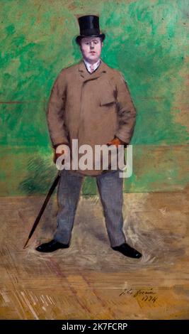 ©Active Museu/MAXPPP - ActiveMuseum 0006224.jpg / Portrait de Jacques-Emile Blanche 1884 - / Jean-Louis Forain / Peinture Active Museum / le Pictorium Coat , sguardo diretto , scatto a tutta lunghezza , sfondo verde , Impressionismo , uomo , Firma , cappello () , ombrello , verticale , Jacques-Emile Blanche , 19th ° secolo , Jean-Louis Forain , Pittura , Foto Stock