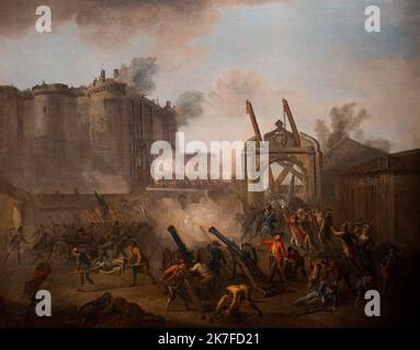 ©Active Museu/MAXPPP - ActiveMuseum 0006425.jpg / la pry de la Bastille, le 14 juillet 1789, Jean-Baptiste l'allemand. Ouvrage defensif de l'enceinte de Charles V, construite au XVIe siecle, la Bastille etait devenu sous Richelieu une penitence d'eat, et par consequant un symeme de l'arbitraire du pouvoir monarchique, puisqu'il suffisait d'une simple « lettre de cachet » du ROI etre pour me ferme. / Jean-Baptiste Lallemand / Peinture Active Museum / le Pictorium Cannon, cielo nuvoloso, Fortezza, colpo di arma da fuoco, orizzontale, feriti, persone, prigione, fumo, armi, 18th ° secolo, Jean-Baptiste la Foto Stock