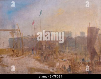 ©Active Museu/MAXPPP - ActiveMuseum 0006499.jpg / Margate, Coucher de soleil, Son point de vue etait sur la vieille jetee de l'estuaire de la Tamise / Joseph Mallord William Turner / Peinture Active Museum / le Pictorium cielo blu, barca, tela, città, estuario, bandiera, porto, orizzontale, romanticismo, tramonto, incompiuto, Inghilterra, Europa, Londra, Margate, Regno Unito, Europa occidentale, 19th ° secolo, J.. M. W. Turner ,Pittura , Foto Stock