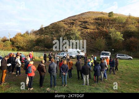 ©PHOTOPQR/VOIX DU NORD/Ludovic Maillard ; 23/10/2021 ; Haillicourt le 23.10.2021, cepage charbonnay, 9eme vendanges sur le terril viticole d haillicourt . LA VOIX DU NORD / FOTO LUDOVIC MAILLARD a Haillicourt, nel Pas-de-Calais, (Francia settentrionale) sul versante meridionale del cumulo di scorie n ° 9 della fossa “2bis”, 2.000 Chardonnay (una varietà di uva originaria della Borgogna) sono stati piantati nel 2011, nel cuore delle miniere di carbone. Culminante ad un'altitudine di 336 metri con una caduta del 80%, il cumulo di scorie di Haillicourt offre ai viticoltori molte possibilità. Il calore liberato dal terreno e ricco di resi minerari Foto Stock