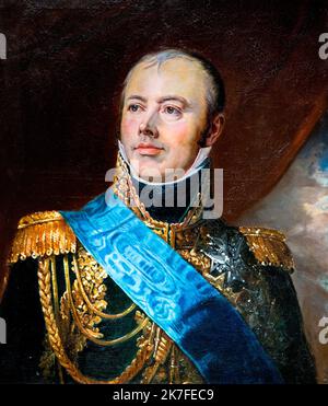 ©Active Museu/MAXPPP - ActiveMuseum 0006654.jpg / Portrait du Marechal Jacques Mac-Donald, duc de Tarente Grand chancelier de la Legion d'honneur de 1815 a 1831, portant les insignes de l'Ordre du Saint -Esprit, d'apres Francois Gerard / Ecole Francaise XIXs / Peinture Active Museum / le Pictorium scatto medio chiuso, Drape, sguardo indiretto, uomo, Marechal, Medaglia, uniforme militare, sciarpa, collare in piedi, tre quarti di profilo, verticale, Maresciallo Jacques Macdonald, 19th ° secolo, Scuola francese XIXc, Pittura, Foto Stock