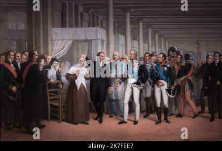 ©Active Museu/MAXPPP - ActiveMuseum 0006759.jpg / le chirurgien Guillaume Dupuytren (1777-1835) presenta a Charles X, a l'Hotel-Dieu, Une operee des yeux / Ecole francaise du XIXeme siecle / Peinture Active Museum / le Pictorium braccio sollevato, Letto, sedia, folla, medico, guardia, mano sulla fronte, orizzontale, camera d'albergo, Donne, Europa, Francia, Hotel-Dieu, Ile-de-France (regione), Parigi, Parigi 4th ° distretto (4th ° arrondissement di Parigi) ,Europa Occidentale ,Charles X ,Guillaume Dupuytren ,19th secolo ,Scuola Francese del 19 secolo ,Pittura , Foto Stock