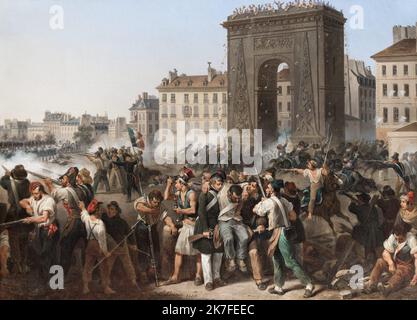 ©Active Museu/MAXPPP - ActiveMuseum 0006762.jpg / Combat de la porte Saint-Denis, le 28 juillet 1830 / Hippolyte Lecomte / Peinture Active Museum / le Pictorium Building () ,folla ,porta ,combattimenti ,orizzontale ,cavalli ,feriti ,Shout-out ,Soldato ,armi ,Europa ,Francia ,Ile-de-France (regione) ,Seine-Saint-Denis ,Europa occidentale ,pittura Hippolyte , 19th ° secolo Foto Stock