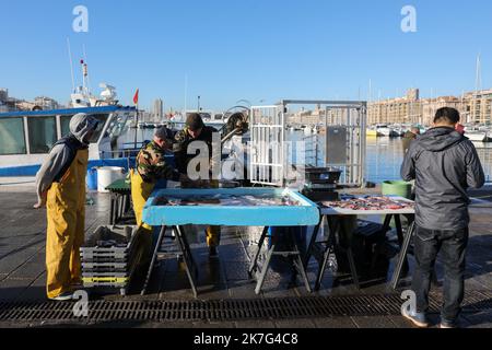 ©PHOTOPQR/VOIX DU NORD/Thierry Thorel ; 17/01/2022 ; Marseille, le 17-01-2022. Vente directe de la peche du jour sur le Vieux Port par les Marins - Foto Thierry Thorel / la Voix du Nord - Vendita diretta della pesca del giorno nel Porto Vecchio da parte dei marinai Foto Stock