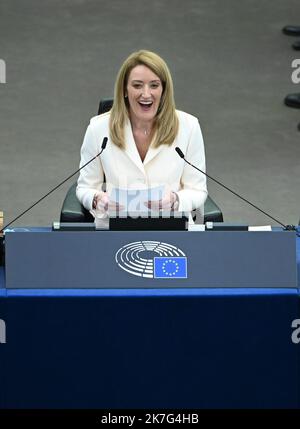 ©PHOTOPQR/l'ALSACE/Jean-Marc LOOS ; Strasbourg ; 18/01/2022 ; Roberta Metsola élue présidente du parlement européen à Strasbourg le 18 JANVIER 2022; - 2022/01/18 - Roberta METSOLA, nuovo Presidente del Parlamento europeo. Foto Stock