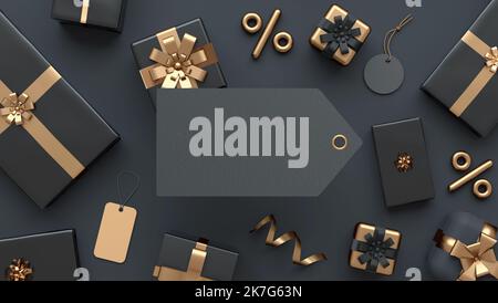 Black Friday offer flyer sfondo con un tag scuro, regali in nero e oro in piatto Lay 3D illustrazione. Sconto speciale e concetto di shopping online Foto Stock