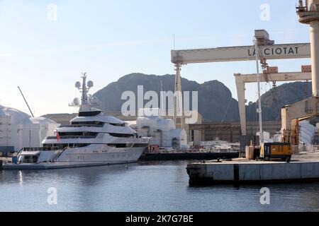 ©PHOTOPQR/LA PROVENCE/VALLAURI Nicolas ; la Ciotat ; 27/01/2022 ; Image générique de la ville de la Ciotat. Port Vieux ou Vieux Port Entrée du port avec les chantiers navals - Vista generica di la Ciotat, nel sud della Francia Foto Stock