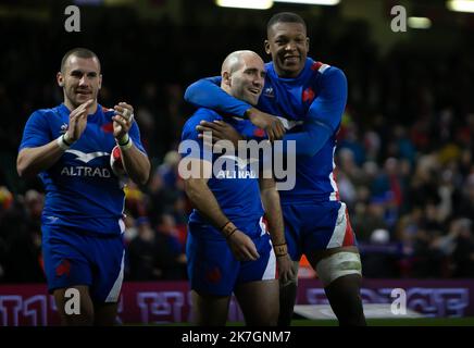 ©Laurent Lairys/MAXPPP - Maxime Lucu , Gabin Villiere ,Cameron Woki di Francia durante la partita di rugby del 2022 tra Galles e Francia il 11 marzo 2022 al Principato Stadium di Cardiff, Galles - Foto Laurent Lairys / Foto Stock