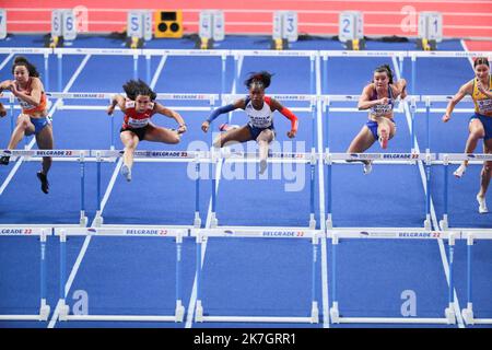 ©STADION-ACS/STADION ACES/MAXPPP - 19/03/2022 ; ; ; - ATHLETISME Samedi 19 Mars 2022 Championnats du Monde Athletisme en salle Belgrado Anna PLOTITSYNA Cyrena SAMBA MAYELA Ditaji KAMBUNDJI, Maayke Tja LIM Yoveindny MOTATHLEM DUE CAMPIONATI MONDIALI 60 Foto Stock