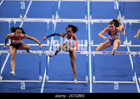 ©STADION-ACS/STADION ACES/MAXPPP - 19/03/2022 ; ; - Athletisme Samedi 19 Mars 2022 Championnats du Monde Athletisme en salle Belgrade Cyrena SAMBA MAYELA Ditaji KAMBUNDJI Yoveinny MOTA ATHLETICS WORLD INDOOR CHAMPIONSHIPS DAY TWO Foto Stock