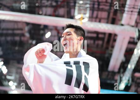 ©STADION-ACS/STADION ACES/MAXPPP - 20/03/2022 ; ; - ATHLETISME Dimanche 20 Mars 2022 Championnats du Monde Athletisme en salle Belgrade Sanghyeok WOO High Jump BELGRADO ATLETICA MONDO INDOOR Foto Stock