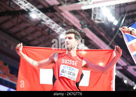 ©STADION-ACS/STADION ACES/MAXPPP - 20/03/2022 ; ; - ATHLETISME Dimanche 20 Mars 2022 Championnats du Monde Athletisme en salle Belgrado Loic GASCH High Jump BELGRADO ATLETICA MONDO INDOOR Foto Stock