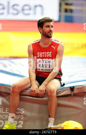 ©STADION-ACS/STADION ACES/MAXPPP - 20/03/2022 ; ; - ATHLETISME Dimanche 20 Mars 2022 Championnats du Monde Athletisme en salle Belgrado Loic GASCH High Jump BELGRADO ATLETICA MONDO INDOOR Foto Stock