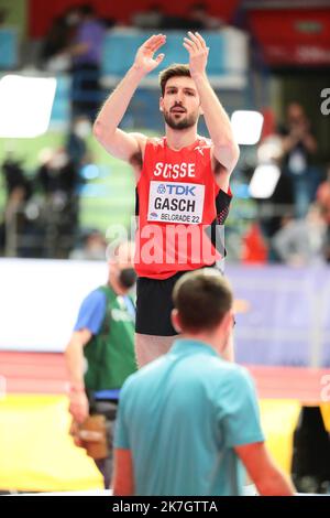 ©STADION-ACS/STADION ACES/MAXPPP - 20/03/2022 ; ; - ATHLETISME Dimanche 20 Mars 2022 Championnats du Monde Athletisme en salle Belgrado Loic GASCH High Jump BELGRADO ATLETICA MONDO INDOOR Foto Stock