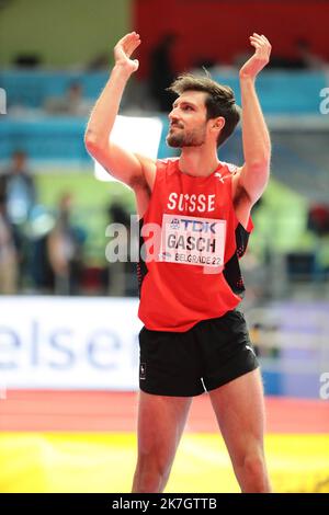 ©STADION-ACS/STADION ACES/MAXPPP - 20/03/2022 ; ; - ATHLETISME Dimanche 20 Mars 2022 Championnats du Monde Athletisme en salle Belgrado Loic GASCH High Jump BELGRADO ATLETICA MONDO INDOOR Foto Stock