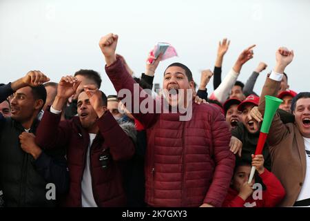 ©Billel Bensalem / APP/MAXPPP - Réaction des supporter Algérien lors de match de foot entre l'Algérie et le Cameroun qualification pour la Coupe du Monde de la FIFA Qatar 2022, a Alger en Algérie le 25 Mars 2022. Calcio. I tifosi algerini festeggiano durante la partita di qualificazione WC tra Algeria e Camerun Foto Stock