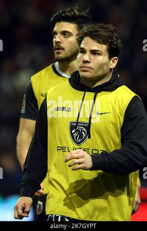 ©REMY GABALDA/MAXPPP - TOLOSA 27/02/2022 l'halph di mischia di Tolosa Antoine Dupontis visto durante la partita di rugby francese del Top14 tra Tolosa e Lione allo stadio Ernest Wallon di Tolosa, sud-ovest della Francia, il 27 marzo 2022. Foto Stock