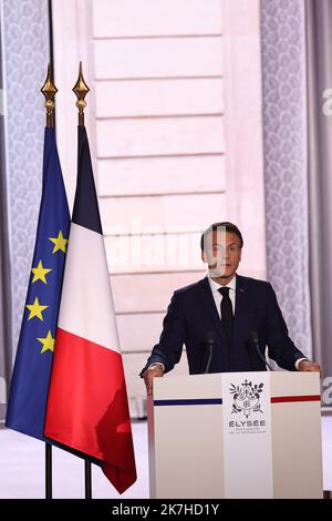 ©PHOTOPQR/LE PARISIEN/Fred Dugit ; Paris ; 07/05/2022 ; Politique Paris VIIIe, le 7 mai 2022 Cérémonie d’investure du Président Emmanuel Macron au palais de l’Elysée. Photo LP / Fred Dugit cerimonia di inaugurazione del Presidente Emmanuel Macron, al Palazzo dell'Eliseo, per il suo secondo mandato Foto Stock