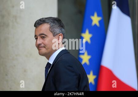 ©Julien Mattia / le Pictorium/MAXPPP - Parigi 23/05/2022 Julien Mattia / le Pictorium - 23/5/2022 - Francia / Ile-de-France / Parigi - Arrivee de Gerald Darmanin, ministre de l'interieur au Conseil des Ministres du 23 mai 2022 / 23/5/2022 - Francia / Ile-de-France (regione) / Parigi - arrivo di Gerald Darmanin, Ministro degli interni al Consiglio dei Ministri del 23 maggio 2022 Foto Stock