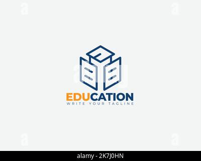 Concetto di logo Education per il simbolo del libro e dell'icona del cappuccio Illustrazione Vettoriale