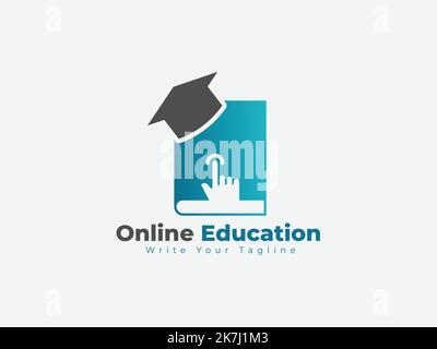 Concetto di logo Education per il simbolo del libro e dell'icona del cappuccio Illustrazione Vettoriale