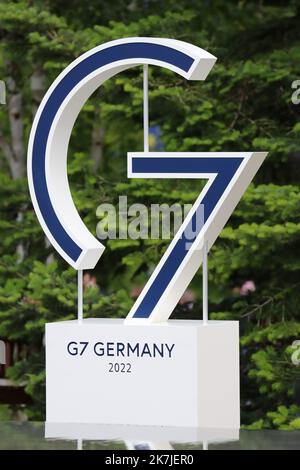 ©Pierre Teyssot/MAXPPP ; G7 Summit Germania 2022 . Elmau, KrÃ¼n, Germania il 26 giugno 2022. Germania G7 logo Â© Pierre Teyssot / Maxppp Foto Stock