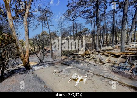 Â-PHOTOPQR/SUD OUEST/GUILLAUME BONNAUD ; BORDEAUX ; 19/07/2022 ; LE 19 JUILLET 2022 / A LA TESTE / INCENDIE EN GIRONDE / LES CAMPINGS DE LA DUNE DU PYLA / PH Guillaume Bonnaud / CAMPING LE PYLA / Foto di campeggio, che è stato devastato da un incendio nella Gironda, sud-ovest della Francia, 19 luglio 2022 Foto Stock