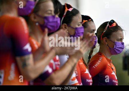 ©PHOTOPQR/L'EST REPUBLICAIN/ALEXANDRE MARCHI ; TROYES ; 27/07/2022 ; SPORT - CYCLISME - TOUR DE FRANCE FEMMES AVEC ZWIFT - 1 EDIZIONE ERE - TDF FEMININ 2022 - ETAPE 4 - TROYES - BAR SUR AUBE - PARTENZA. Troyes 27 juillet 2022. La néo zélandaise Henrietta CHRISTIE (D) de l'équipe Human Powered Health. FOTO Alexandre MARCHI. 4th tappa della nuova edizione della gara ciclistica Women's Tour de France, 126,8 km tra Troyes e Bar-sur-Aube, Francia orientale, il 27 luglio 2022. Foto Stock