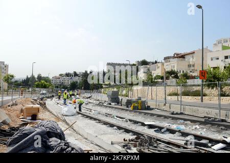 Gerusalemme, Israele. Agosto 2022. Costruzione dell'estensione della linea della metropolitana leggera di Gerusalemme all'ospedale Hadassah Ein Kerem. Foto Stock