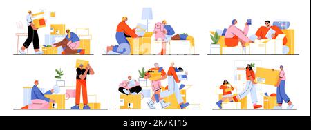 Famiglia felice che si sposta in casa nuova, la gente trasferimento. Madre, padre e bambini caricano, trasportano le scatole e le cose a casa. Personaggi che acquistano appartamenti immobiliari, Line art flat vettoriale illustrazione Illustrazione Vettoriale