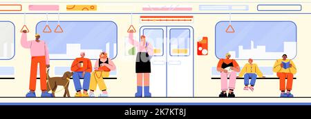 Treno della metropolitana auto con persone all'interno. Passeggeri diversi, uomo afroamericano con cane, coppia seduta, donna con ragazzo e ragazzo che legge libro in carro della metropolitana, disegno piatto vettore Illustrazione Vettoriale