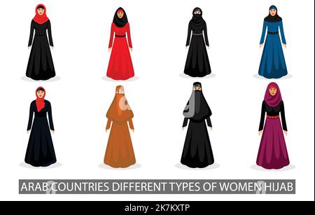 Un insieme di diversi tipi di donne musulmane arabe hijab, vestito, per coprire il corpo, disegno vettoriale diversità di carattere cartoon Illustrazione Vettoriale