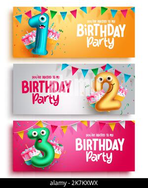 Design del set vettoriale per feste di compleanno. Palloncini di carattere in una, due, tre numeri di raccolta palloncino per la decorazione di sfondo festa. Illustrazione vettoriale Illustrazione Vettoriale