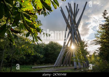 BRILON, GERMANIA - 21 SETTEMBRE 2022: Memoriale dell'uragano Kyrill vicino a Brilon contro il cielo serale il 21 settembre 2022 a Sauerland, Germania Foto Stock