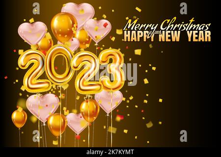 Palloncini a cuore rosa Felice anno nuovo 2023, numeri di foglio d'oro, palloncini in oro bianco Illustrazione Vettoriale