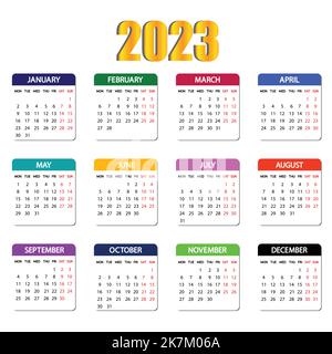 2023 calendario di tutti i mesi bella disegno vettoriale su sfondo bianco isolato. Illustrazione Vettoriale