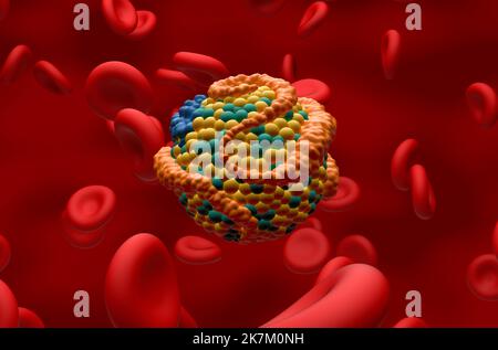 HDL (buona) lipoproteina (colesterolo) nel flusso sanguigno Closeup view 3D illustrazione Foto Stock