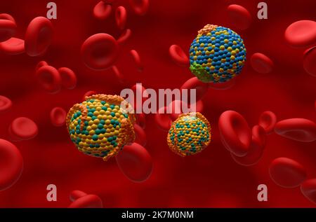 HDL (buono) e LDL (cattivo) lipoproteina (colesterolo) nel flusso sanguigno Vista Closeup 3D illustrazione Foto Stock