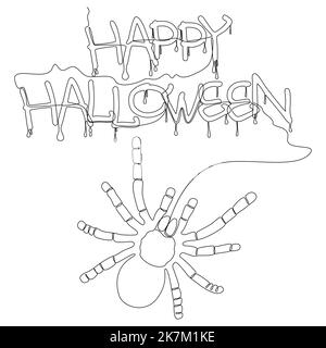 Una linea continua di ragno e happy Halloween testo. Concetto di vettore di illustrazione a linea sottile. Disegno di contorno idee creative. Illustrazione Vettoriale