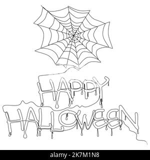 Una linea continua di una ragnatela di ragno e un testo felice di Halloween. Concetto di vettore di illustrazione a linea sottile. Disegno di contorno idee creative. Illustrazione Vettoriale