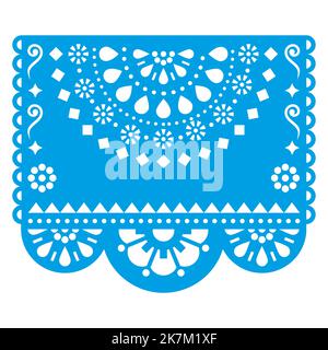 Disegno vettoriale Papel Picado con fiori geometrici di metà mandala e spazio vuoto per il testo, decorazione di garland di carta con intaglio messicano in blu sul retro bianco Illustrazione Vettoriale