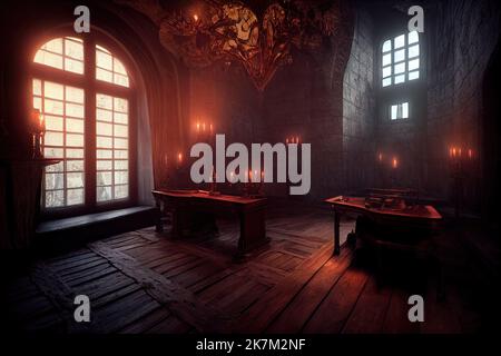 Un ambiente suggestivo è stato creato in un vecchio castello vampiro per i giochi da utilizzare come sfondo. Castello di Dracula in Transilvania di Romania. Illustrazione 3D Foto Stock