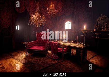 Uno sguardo interno al castello vampiro di epoca vittoriana così come il soggiorno con tavolo e sedie decor dalla Transilvania. Illustrazione 3D Foto Stock