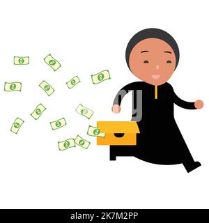 Un uomo d'affari sta funzionando e dollaro che vola dalla sua illustrazione del vettore del sacchetto su sfondo isolato bianco Illustrazione Vettoriale
