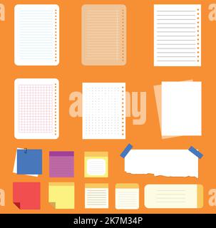 Una serie di note bianche colorate, fogli bianchi realistici su formati e forme diversi su sfondo sfumato Illustrazione Vettoriale