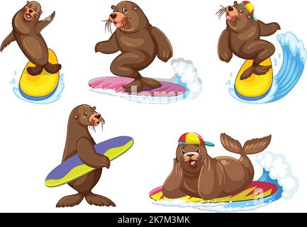 Set di diversi leoni marini personaggi cartoni animati illustrazione Illustrazione Vettoriale
