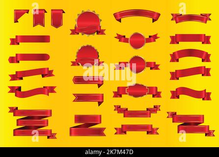 Nastri e etichette di seta rossa sfondo sfumato giallo con illustrazione vettoriale della mesh sfumata Illustrazione Vettoriale