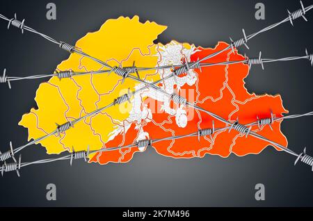 Mappa del Bhutan con filo spinato, 3D rendering isolato su sfondo scuro Foto Stock