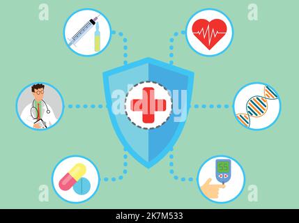 Medical shield with branches with different DNA icons and pills Illustrazione Vettoriale